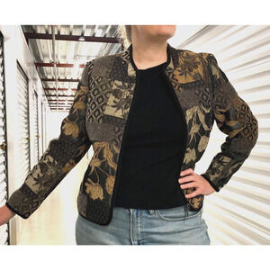 Black Tan Tapestry Jacket Full Zip Artsy Floral Molly Maxx P Large Patchwork
